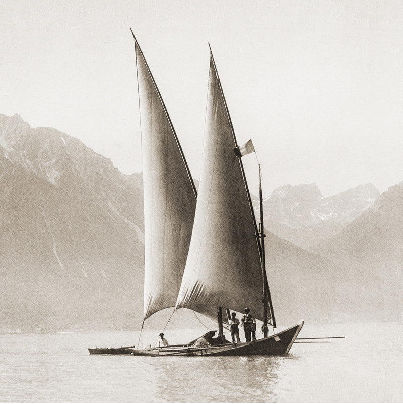 Tirage Vintage Photochromie : Barque Sur Le Lac Léman Près De Montreux - Circa 1896 - 23x17 Cm