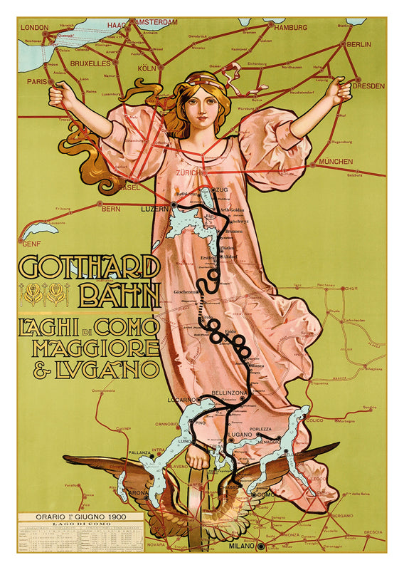 GOTTHARD BAHN-LAGHI DI COMO, MAGGIORE & LUGANO, Gabrielle Chiattone, a retro postcard made from a magnificent original poster from the GALERIE 1 2 3 collection.