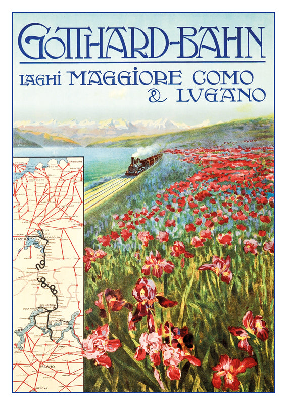 GOTTHARD BAHN - LAGHI MAGGIORE, DI COMO & LUGANO - Poster by Gabrielle Chiattone, a retro postcard made from a magnificent original poster from the GALERIE 123 collection.