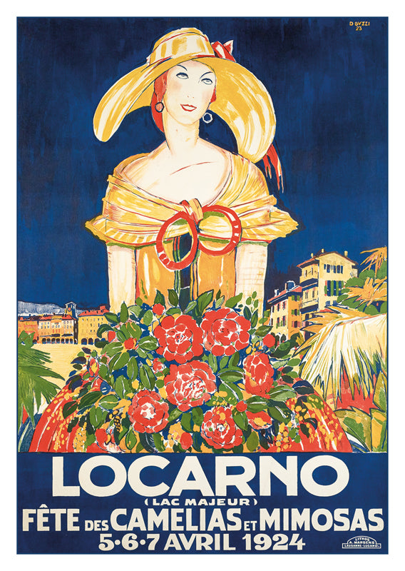 LOCARNO - FÊTES DES CAMÉLIAS ET MIMOSAS - Poster by Daniele Buzz, 1925, a retro postcard made from a magnificent original poster from the GALERIE 123 collection.