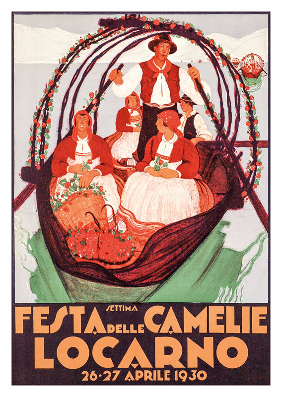 LOCARNO - FESTA DELLE CAMELIE - Poster by Daniele Buzzi - 1930, a retro postcard made from a magnificent original poster from the GALERIE 123 collection.