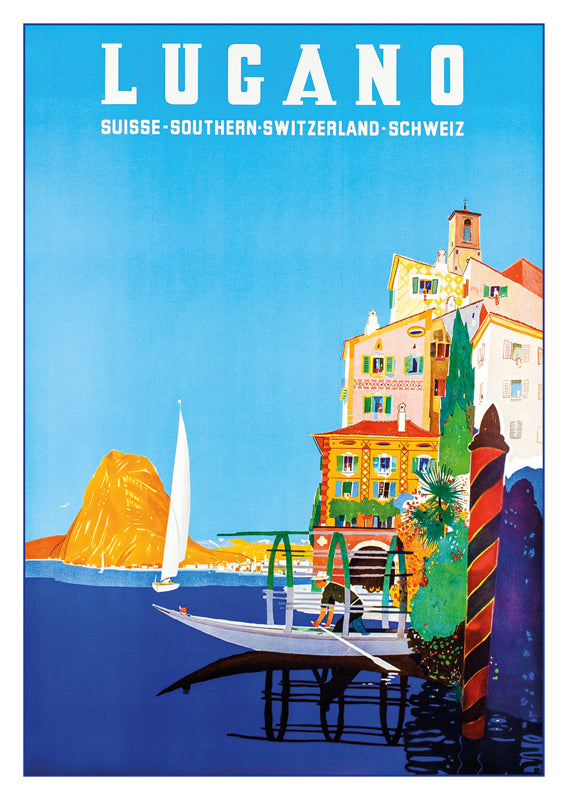 LUGANO - MONTE SAN SALVATORE - Poster by Franco Barberis -1940, a retro postcard made from a magnificent original poster from the GALERIE 123 collection.
