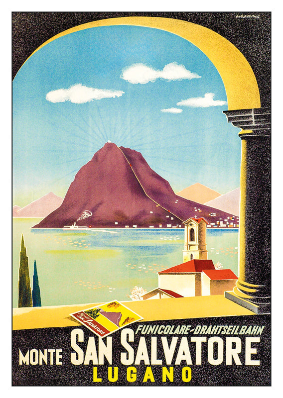 LUGANO - MONTE SAN SALVATORE - Poster by Franco Barberis -1940, a retro postcard made from a magnificent original poster from the GALERIE 123 collection.