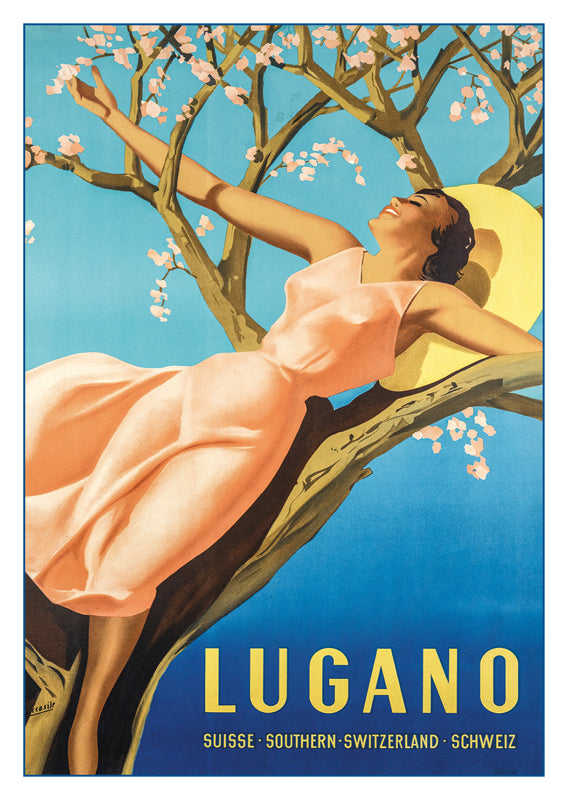 LUGANO - Poster by Gino Boccasile - 1939, a retro postcard made from a magnificent original poster from the GALERIE 123 collection.