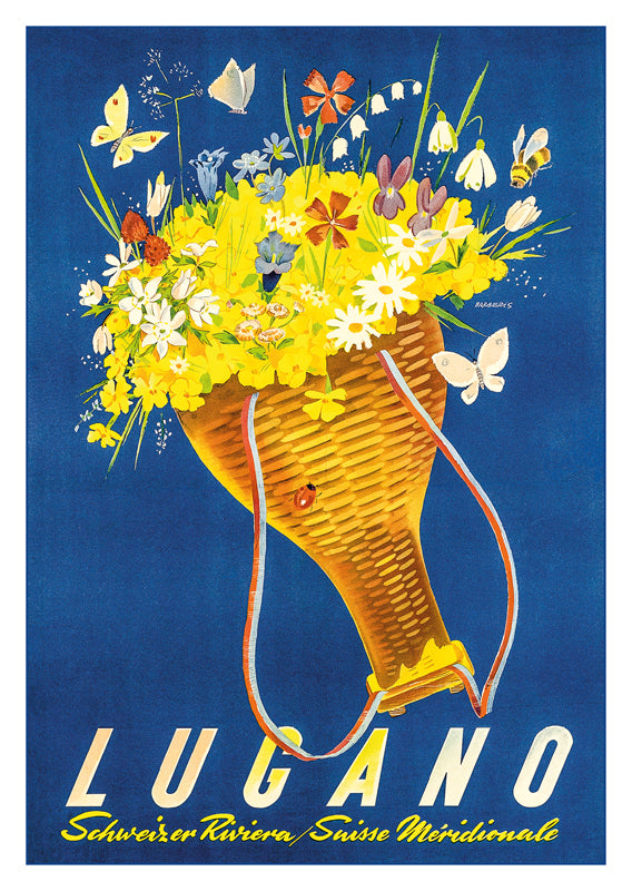 LUGANO - Poster by Franco Barberis about 1940, a retro postcard made from a magnificent original poster from the GALERIE 123 collection.