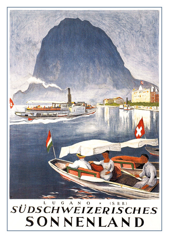 LUGANO - SÜDSCHWEIZERISCHES SONNENLAND - Poster by Otto Baumberger, a retro postcard made from a magnificent original poster from the GALERIE 123 collection.