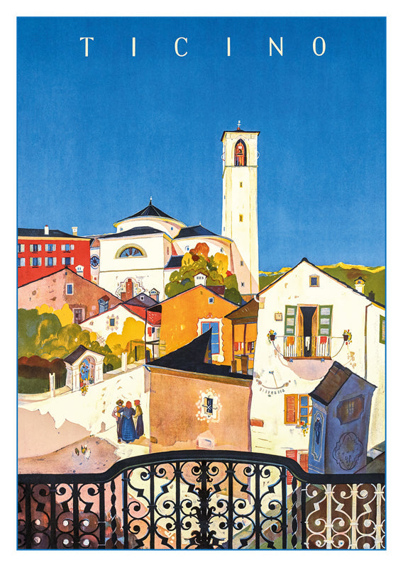 TICINO - Poster by Daniele Buzzi - 1943, a retro postcard made from a magnificent original poster from the GALERIE 123 collection.