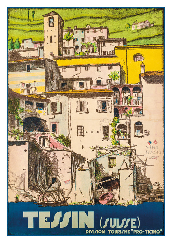 LE TESSIN - Poster by Mario Chiattone - 1928, a retro postcard made from a magnificent original poster from the GALERIE 123 collection.