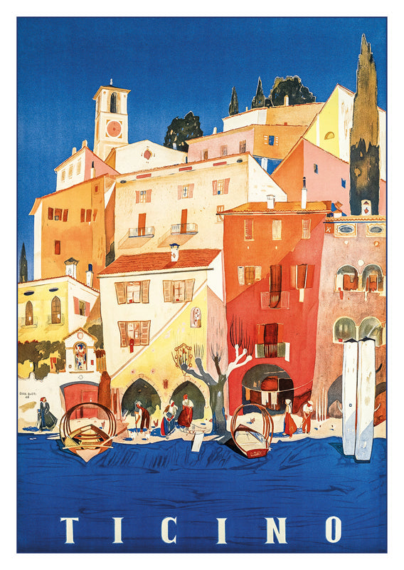 TICINO - Poster by Daniele Buzzi - 1946, a retro postcard made from a magnificent original poster from the GALERIE 123 collection.