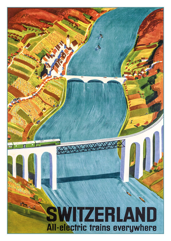 SWITZERLAND - ALL ELECTRIC TRAINS EVERYWHERE - Otto Baumberger
Retro postcard made from a magnificent original poster from the GALERIE 123 collection