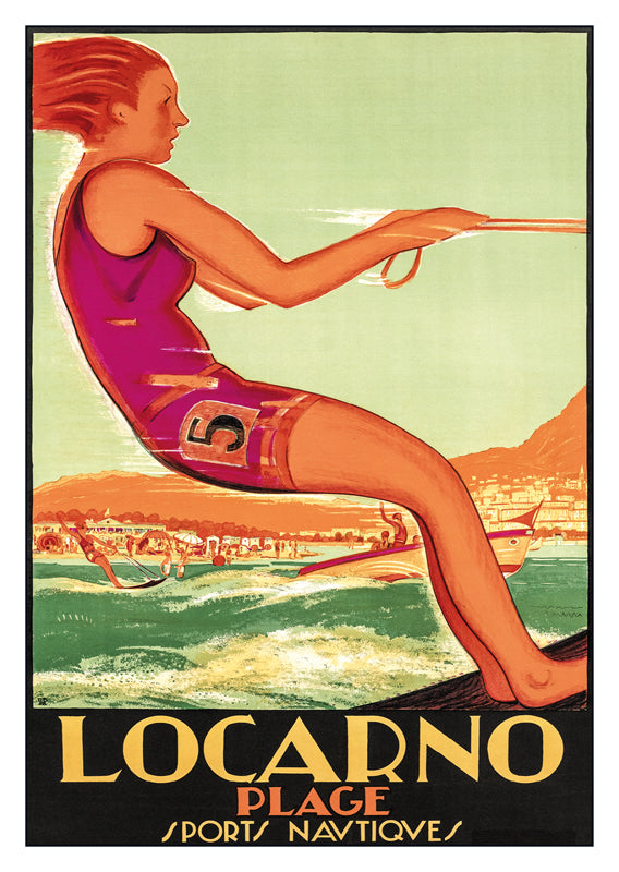 LOCARNO PLAGE - Poster by Daniele Buzzi - 1928, a retro postcard made from a magnificent original poster from the GALERIE 123 collection.