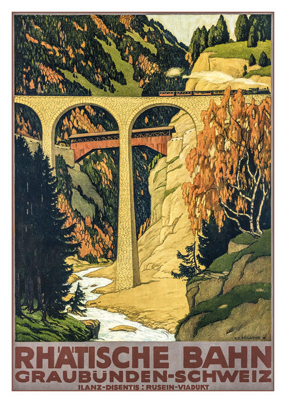 RHÄTISCHE BAHN - GRAUDÜNDEN - Poster by Ernst Emil Schlatter - 1911
Retro postcard made from a magnificent original poster from the GALERIE 123 collection