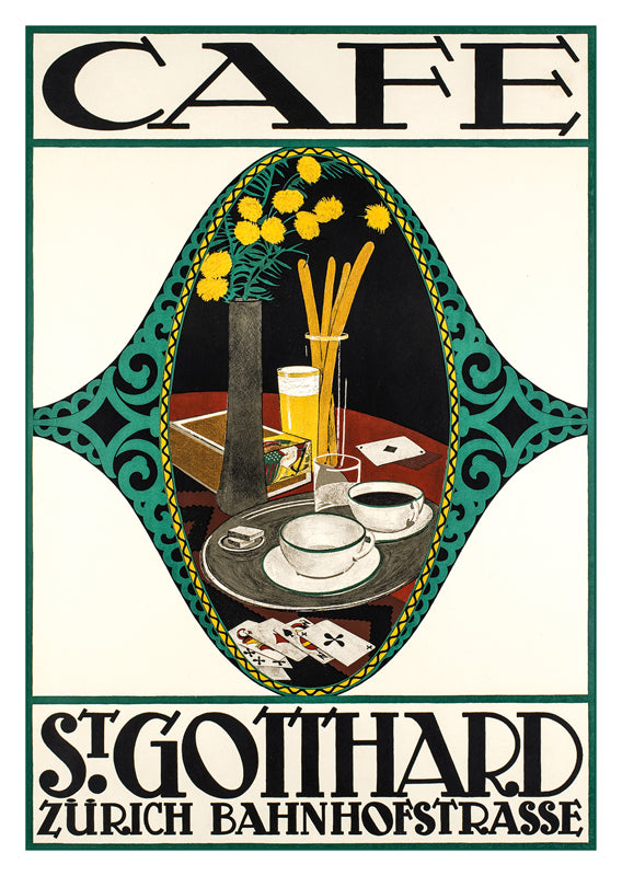 ZÜRICH - CAFÉ ST. GOTTHARD - Poster by Otto Baumberger - 1940
Retro postcard made from a magnificent original poster from the GALERIE 123 collection