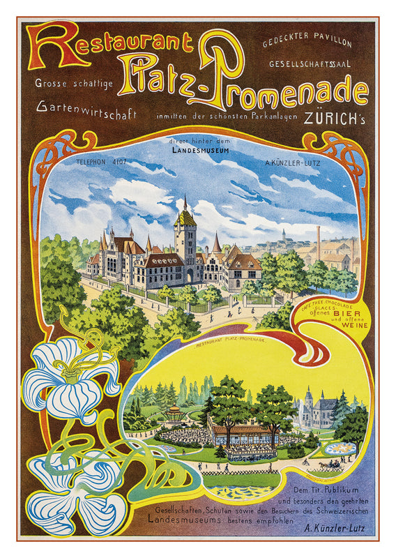 ZÜRICH - RESTAURANT PLATZ-PROMENADE - Poster by A. Courvoisier - 1898
Retro postcard made from a magnificent original poster from the GALERIE 123 collection