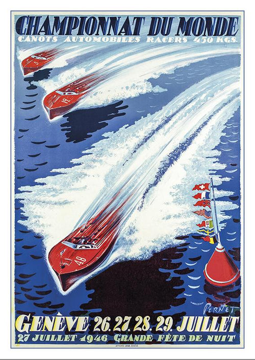 Postcard - GENEVE - Championnat du monde de canots automobiles - Poster by Percival Pernet - 1946