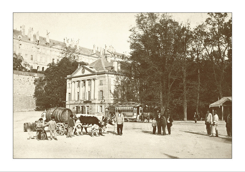Geneva - La place Neuve en 1862 avec l’ancien théâtre and le premier tram à cheval “Geneva-Carouge”, Switzerland