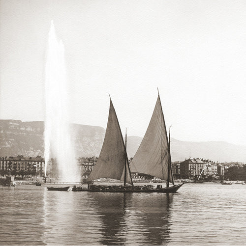 Carte de voeux de Genève, barque entrant dans le port vers 1900, Suisse