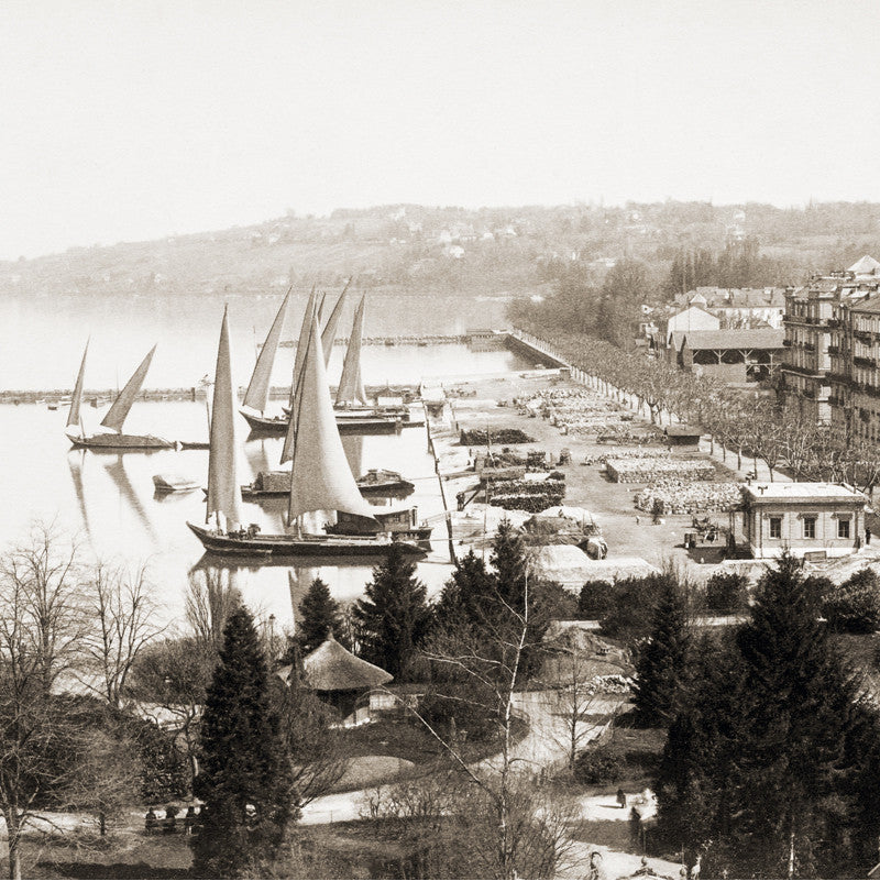Carte de voeux de Genève, le port marchand des Eaux-Vives vers 1890, Suisse